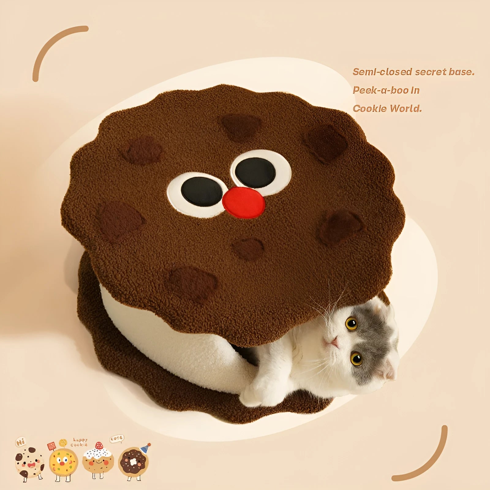 Khaki cookie-shaped enclosed cat bed for winter sleeping