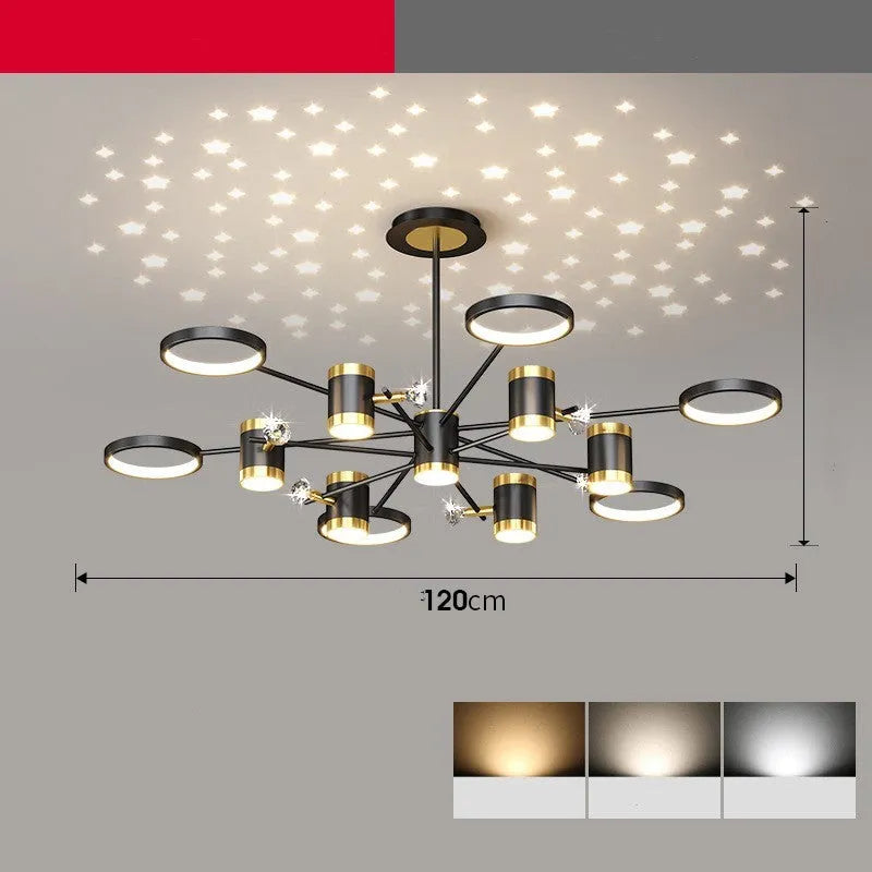 Black 13-head Nordic star iron chandelier with remote control on a table