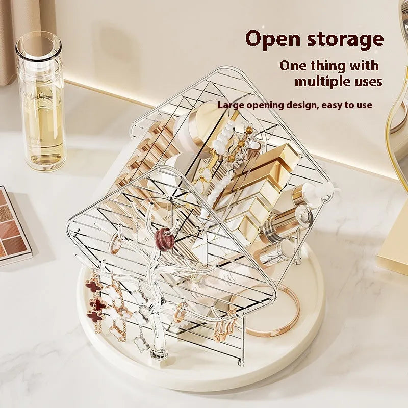 Rotating amber gold cosmetics organiser on a vanity with makeup bottles.