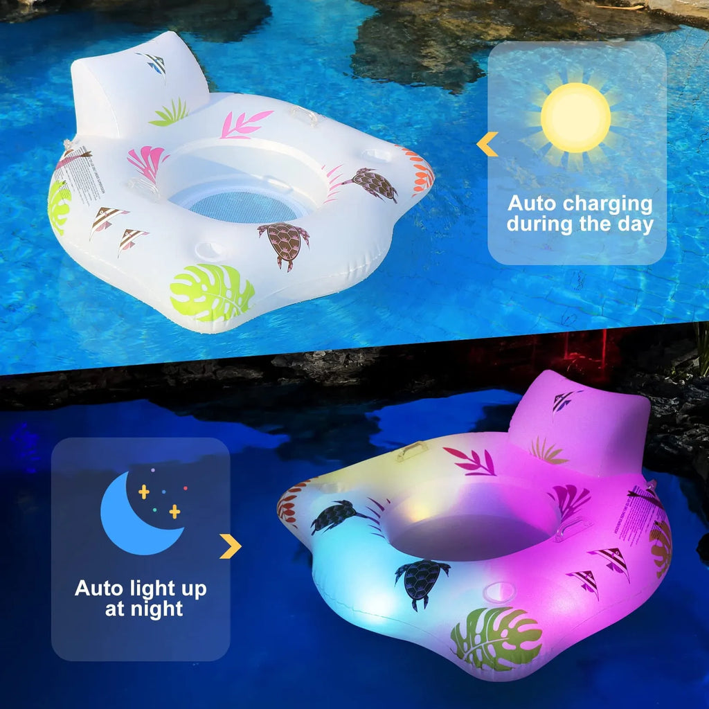 White luminous U-shaped inflatable float seat glowing in a swimming pool at night.