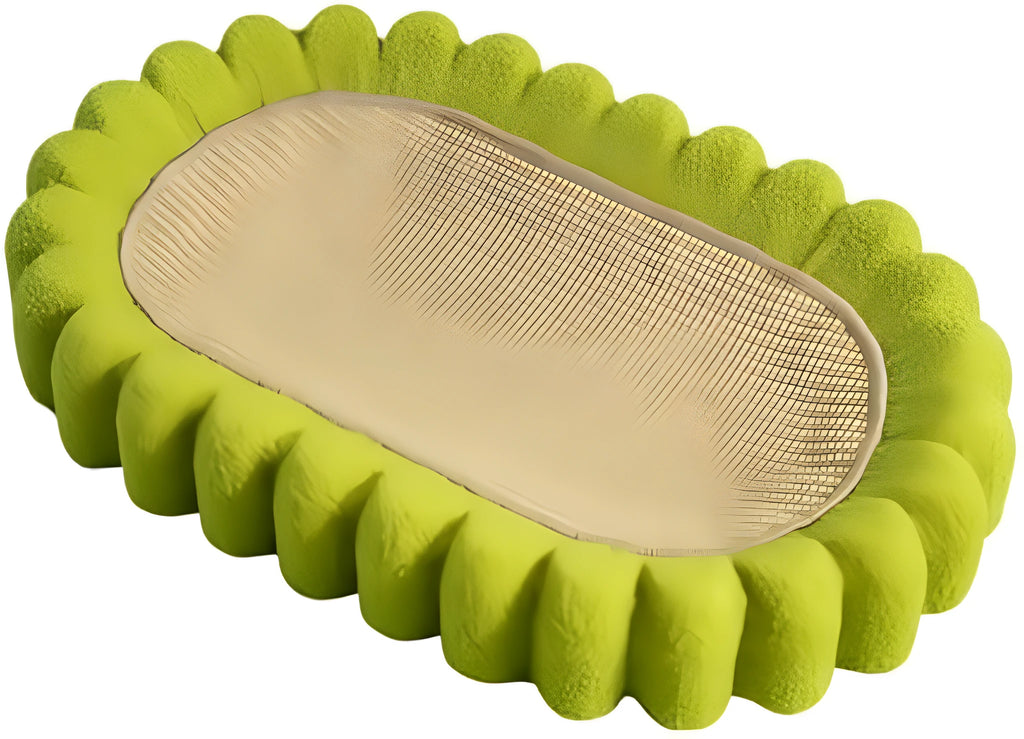 Green oval cat scratch pad bowl bed made from sisal measuring 650mm by 420mm