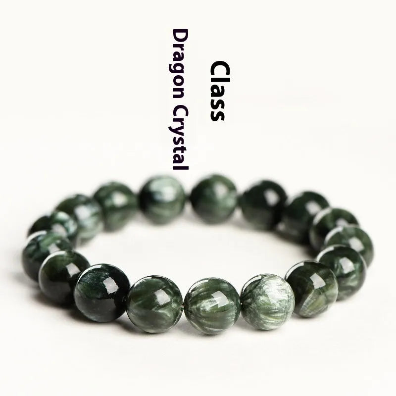 Green Dragon Crystal bracelet with 8-9mm round beads and a Ruyi element.