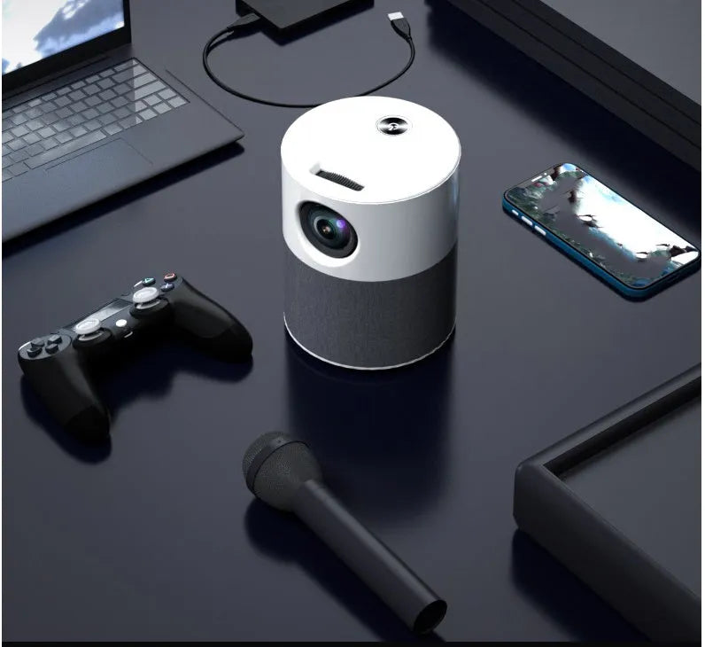White mini home high-definition projector with 1080P resolution and front projection lens