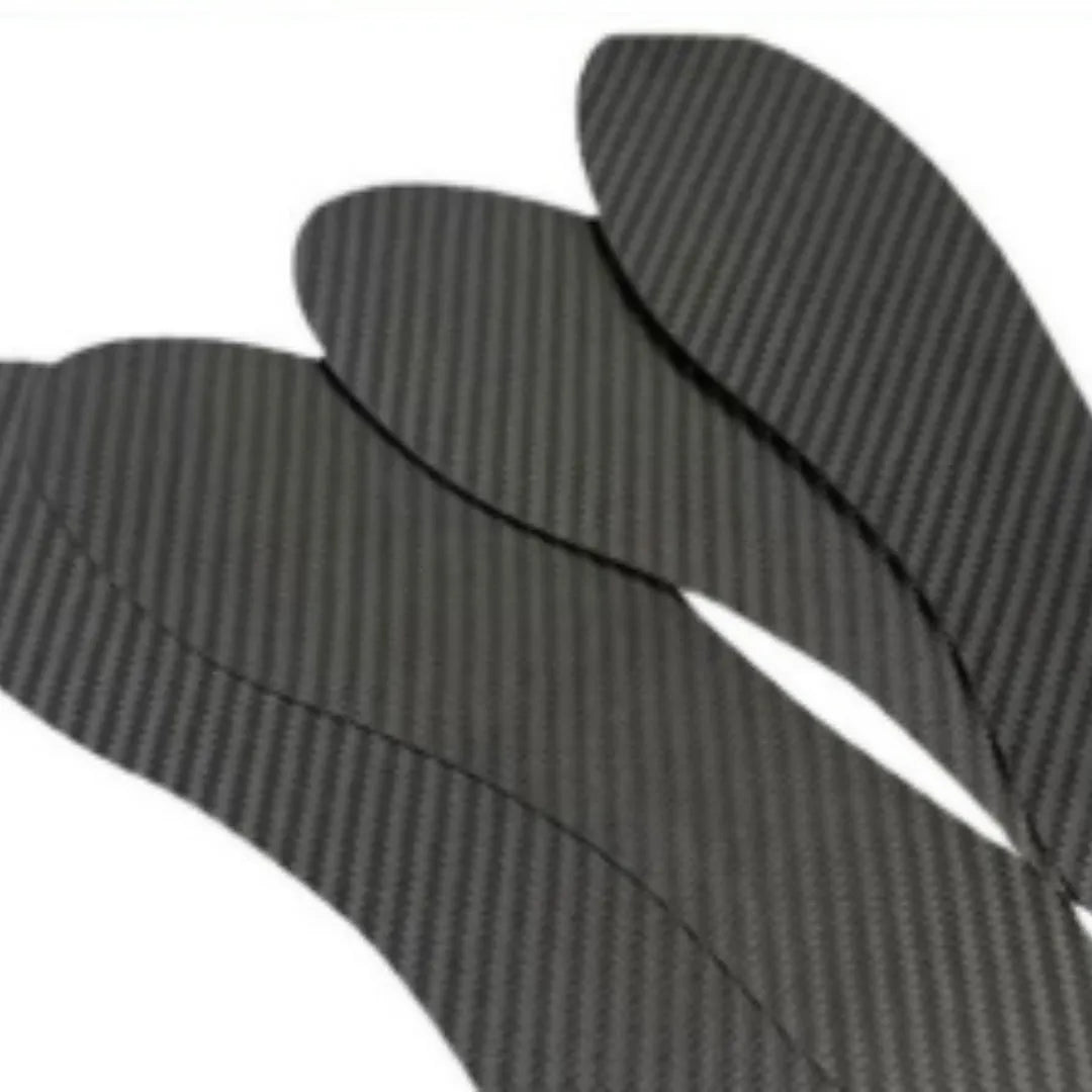 Black carbon fiber running insoles showing full palm design with size options from 34 to 48
