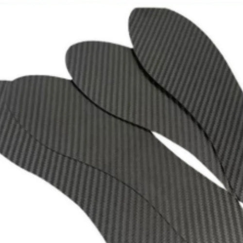 Black carbon fiber running insoles showing full palm design with size options from 34 to 48