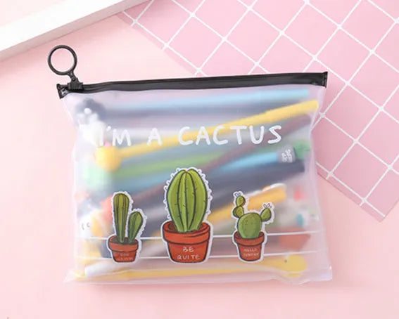 Marvel cartoon pen set showing 20 black 0.5mm pens with cactus designs in plastic storage case