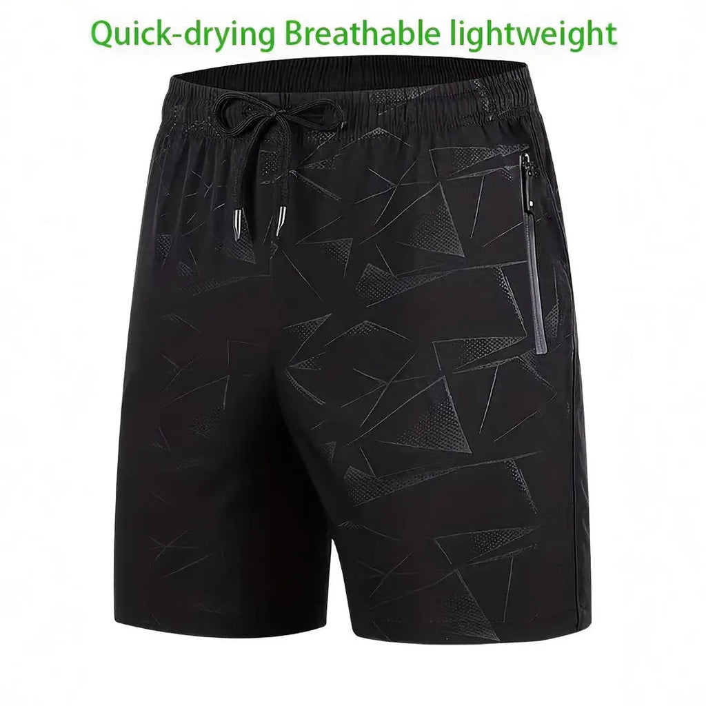 Men's loose-fit polyester sports shorts in blue colour showing elastic waistband and standard length cut