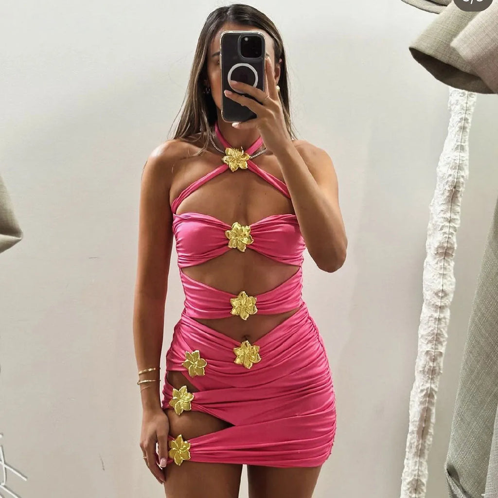 Women's solid colour one-piece swimsuit with high waist and coordinating short skirt