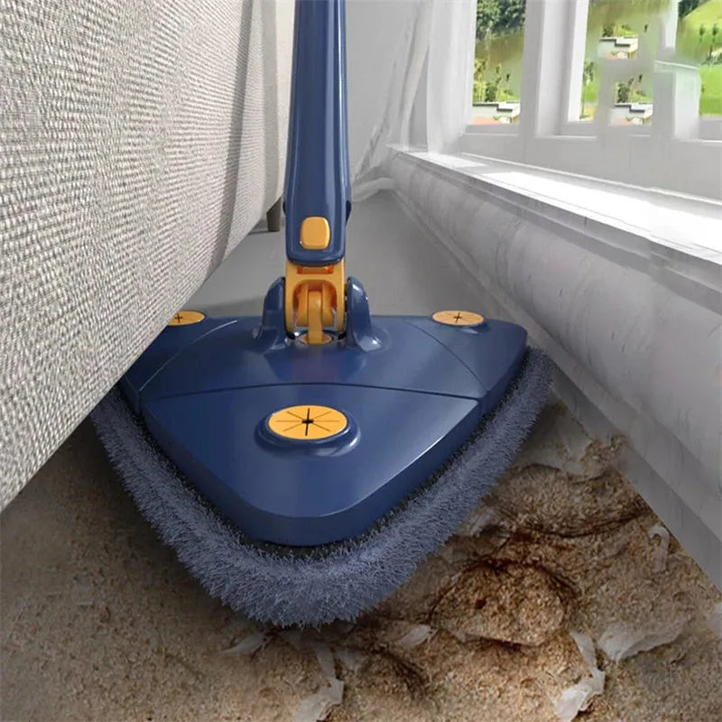 Blue triangle mop with rotating head and extendable stainless steel pole for corner and wall cleaning