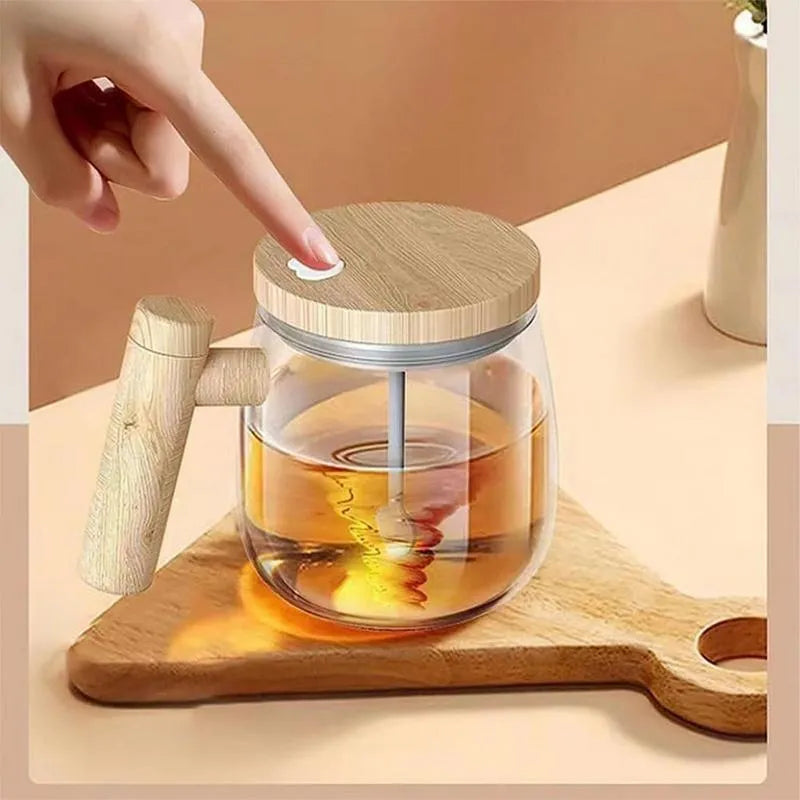 Clear borosilicate glass self-stirring coffee mug with electric mixing button and 400ml capacity