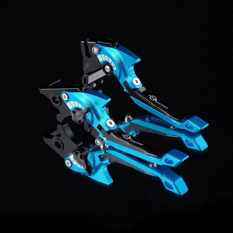 Pair of anodised aluminium motorcycle brake and clutch levers with six-speed adjustable length mechanism