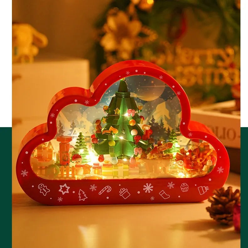 Assembled building block cloud night lamp with LED lights and decorative mirror frame showing fairy tale Christmas tree design