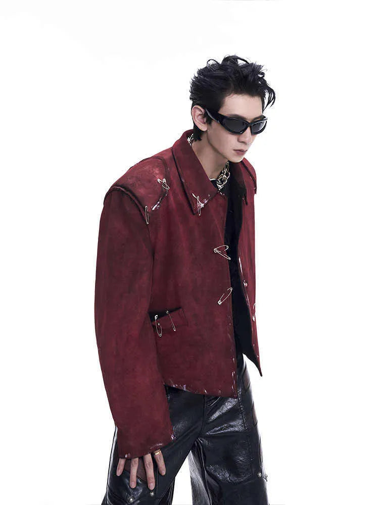 Men's red loose-fit quilted jacket with black flocking decorative pin detailing and lapel collar