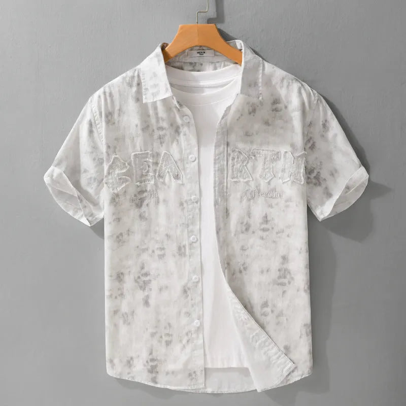 Men's grey white cotton short sleeve cardigan with hanging dyed printed pattern in loose fit style