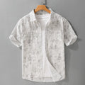 Men's grey white cotton short sleeve cardigan with hanging dyed printed pattern in loose fit style
