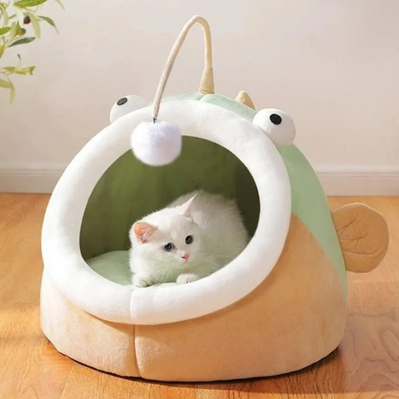Grey semi-closed deerskin velvet cat house bed for small dogs or cats, shown in S, M, and L sizes.
