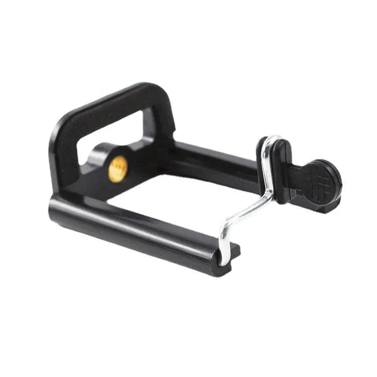 Black plastic U clip mobile phone holder bracket for attaching phones to hoses and poles