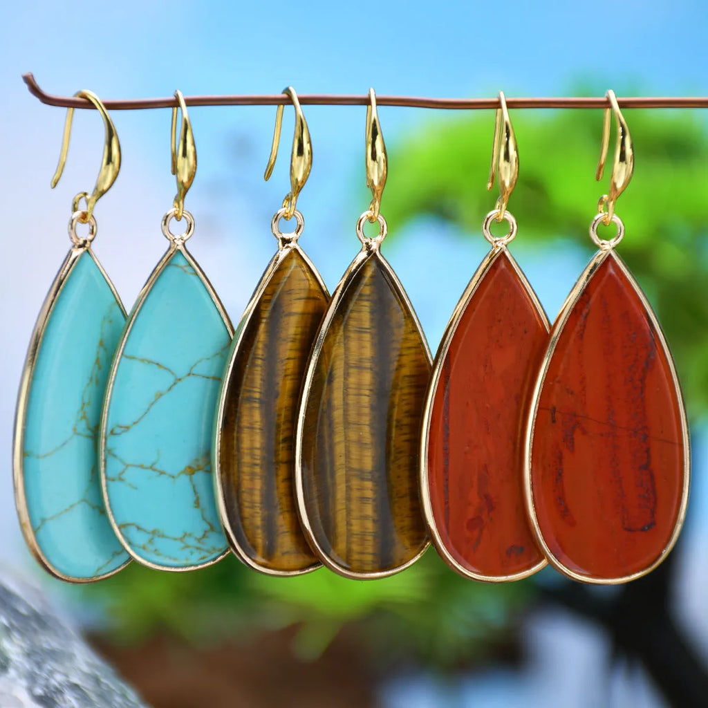 Vintage long water drop stone earrings in tigereye colour with retro styling
