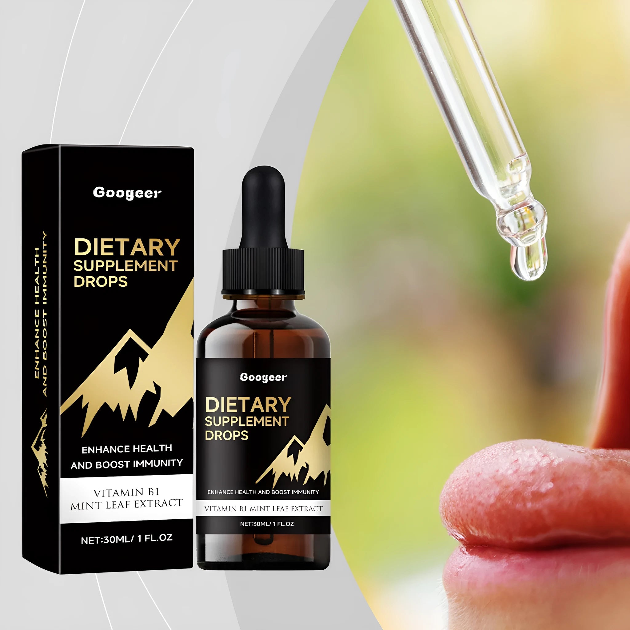 30 ml glass bottle of vitamin C and E dietary supplement drops with a dropper top.