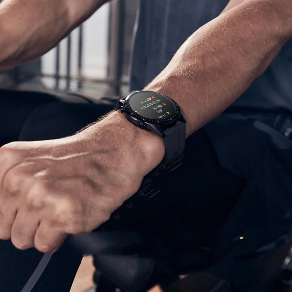 Round smart watch with aluminium alloy case showing touchscreen display with Bluetooth calling interface