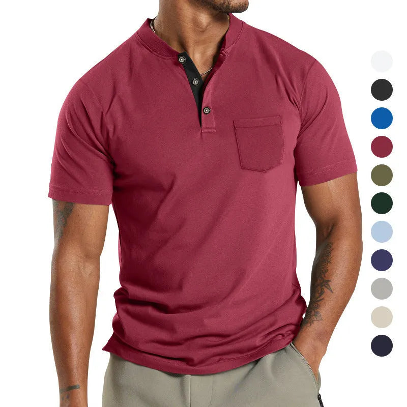 Plus size men's solid colour short sleeve casual shirt with a buttoned chest pocket.