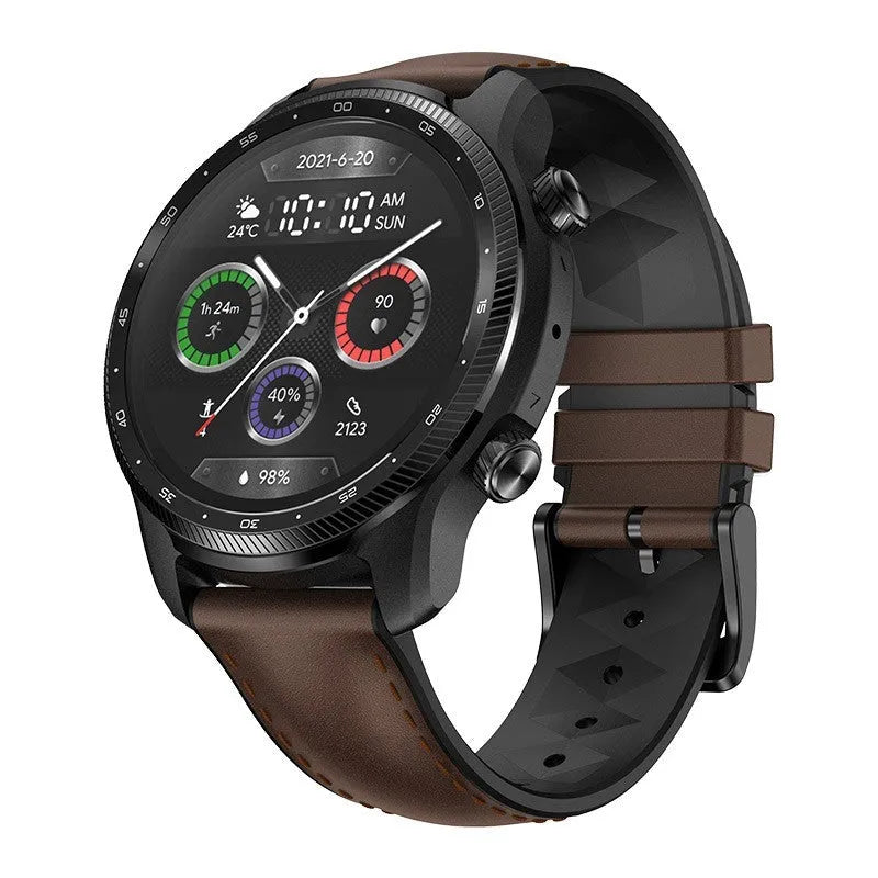 Ticwatch Pro X 47mm black smart watch with circular display on wrist