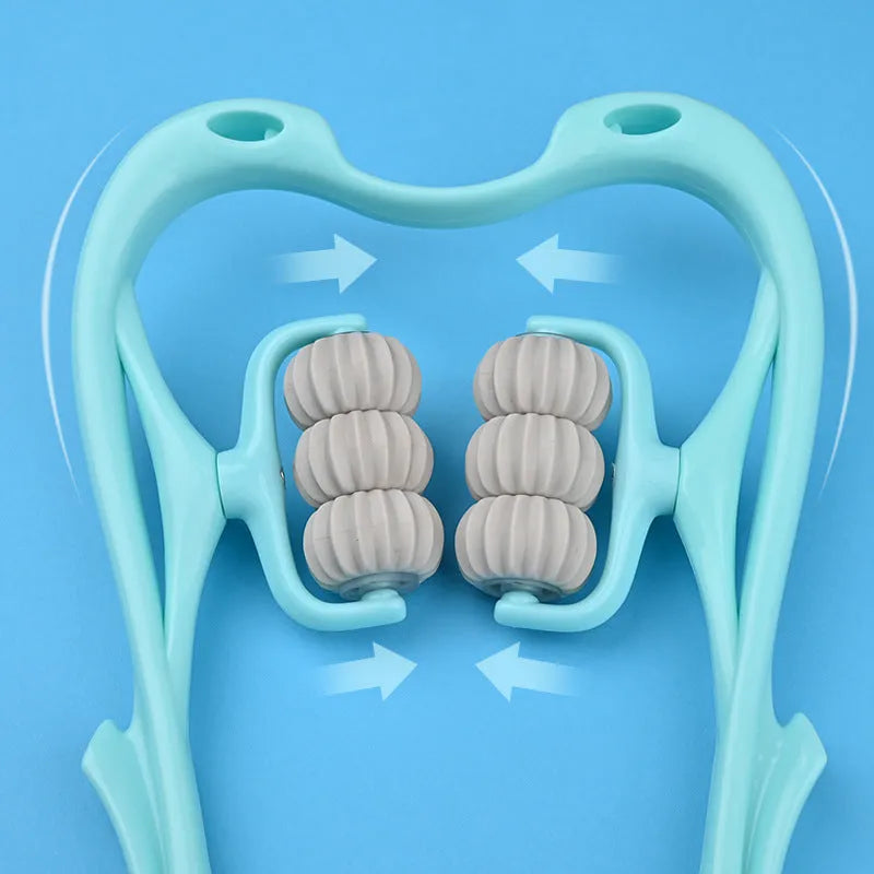 Blue swan-shaped manual neck massager with six wheels and natural jade scraping board on white background