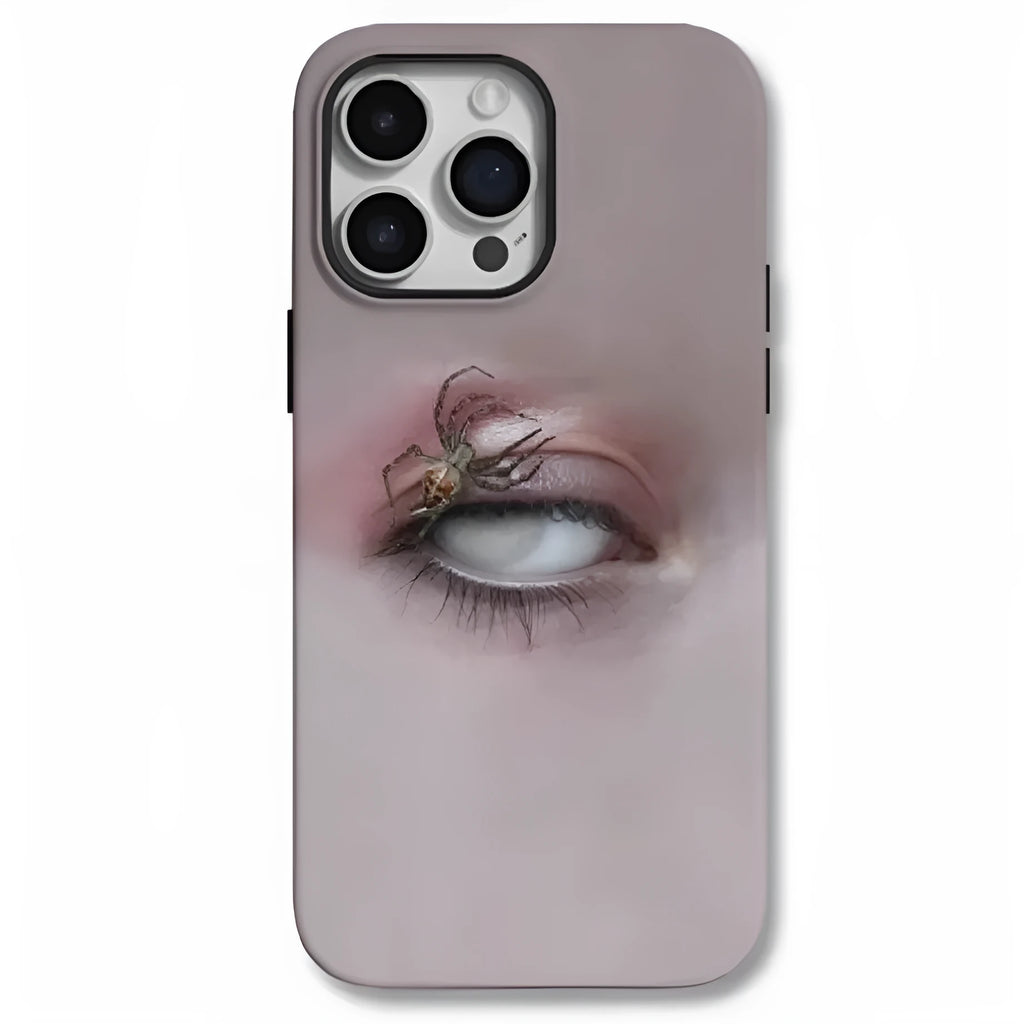 Dark heterochromatic spider pattern protective resin case for iPhone 15 Pro Max on a phone