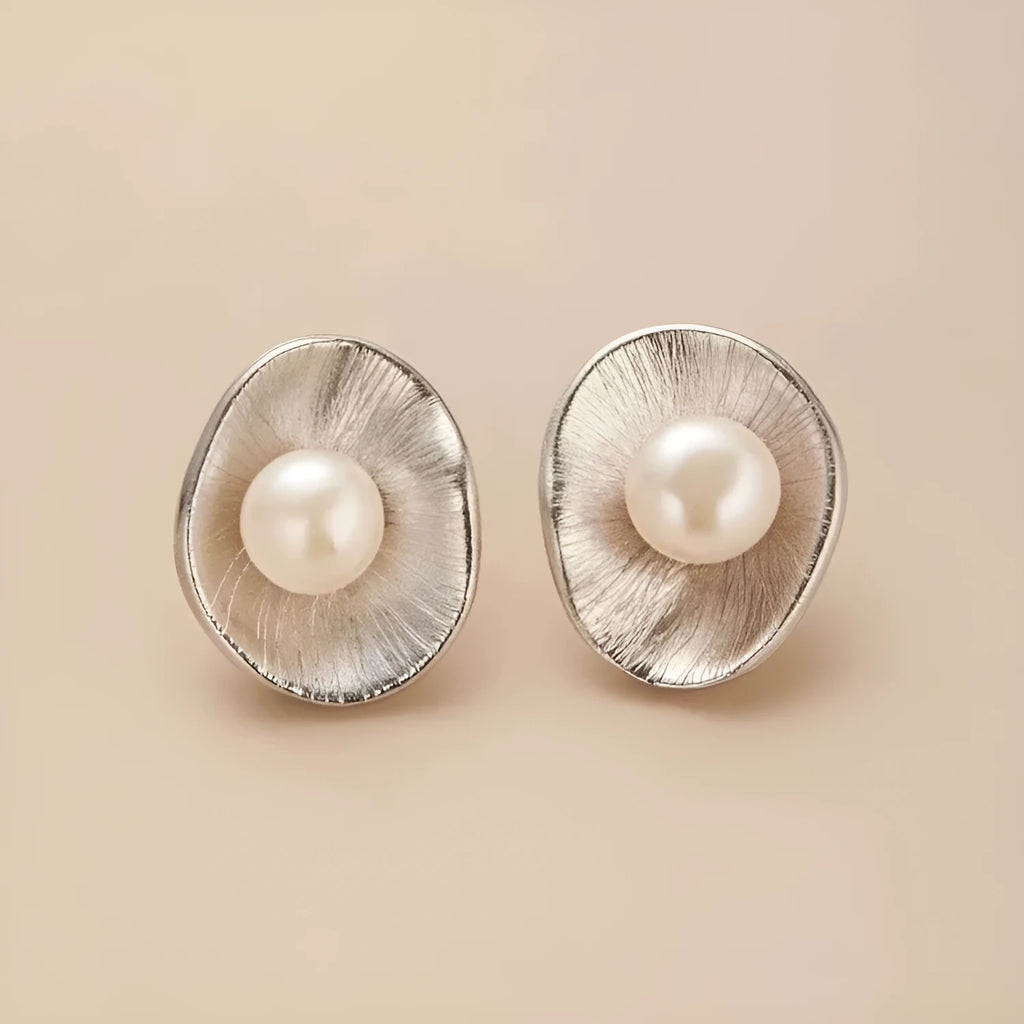 Gold geometric pearl earrings on sterling silver posts for women's jewellery
