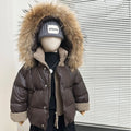 Children's winter down cotton jacket fake two-piece in solid coffee brown colour, thickened polyester fibre padding, suitable for heights 110-160cm