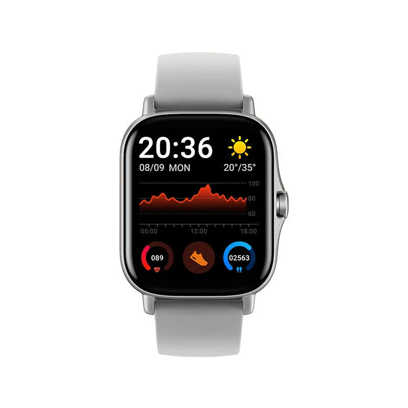 GT20 smartwatch in black with alloy case and silicone strap showing health stats on screen.