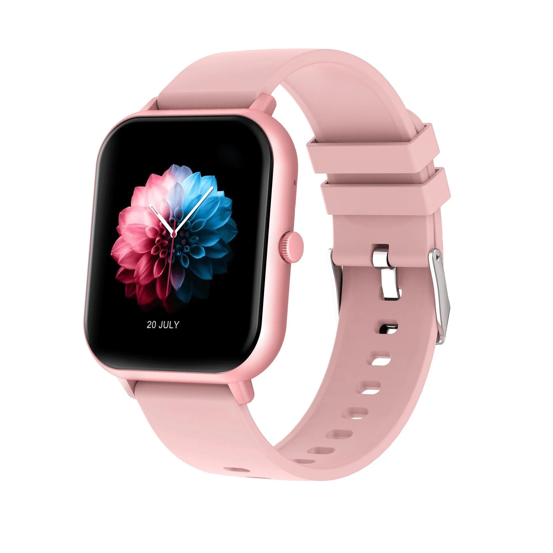 Bluetooth smart watch in black on wrist, showing heart rate and step count on its colour touchscreen.