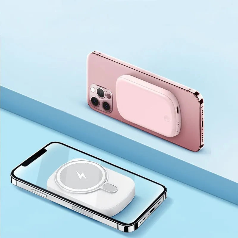 Magsafe magnetic wireless power bank in Barbie Pink, showing slim design and dimensions.