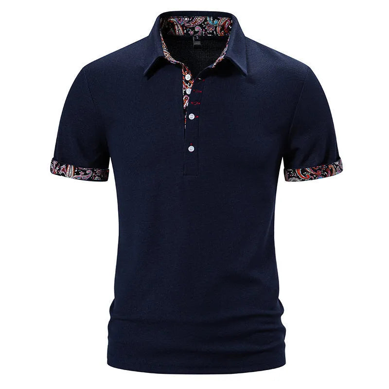Men's classic polo shirt in cotton blend fabric, shown in white, black, and navy blue colours.