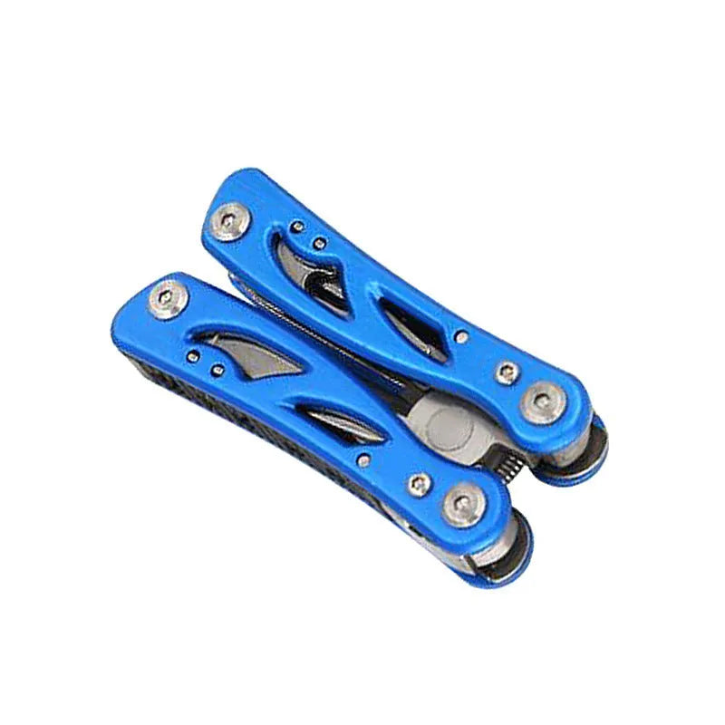 Compact blue folding multi-function pliers with a fruit knife on a white background, next to its Oxford storage bag.