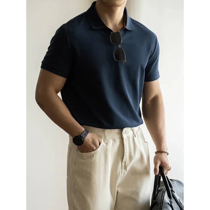 American-style blue cotton blend short sleeve polo shirt on hanger