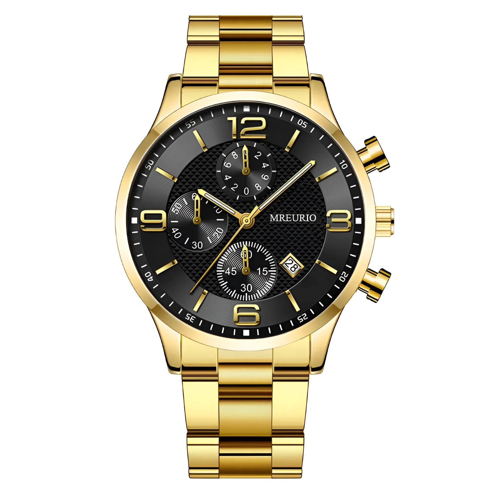 Fashion Numbers three-eye calendar men's watch with black dial and silver acupuncture needle hands