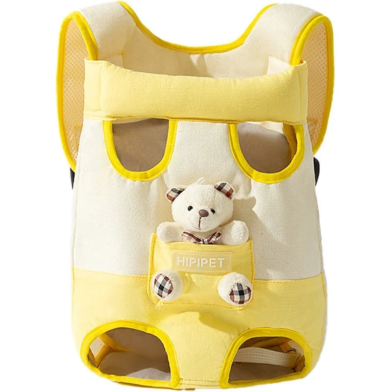 Soft canvas cat carrier chest bag with cartoon animal pattern and colourful stitching in multiple size options