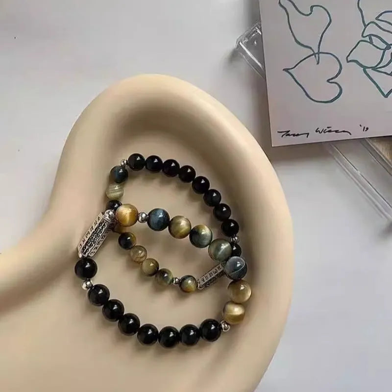 Tigereye Obsidian S925 sterling silver couple bracelet set with Chinese style geometric design