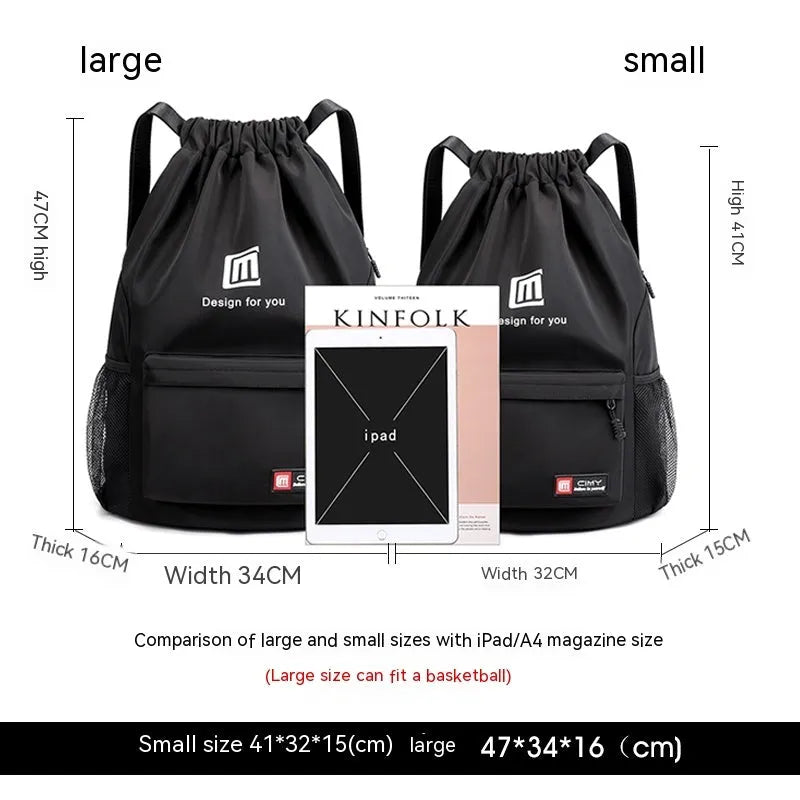 Oxford fabric drawstring travel backpack in grey, shown with double shoulder straps and bucket shape.