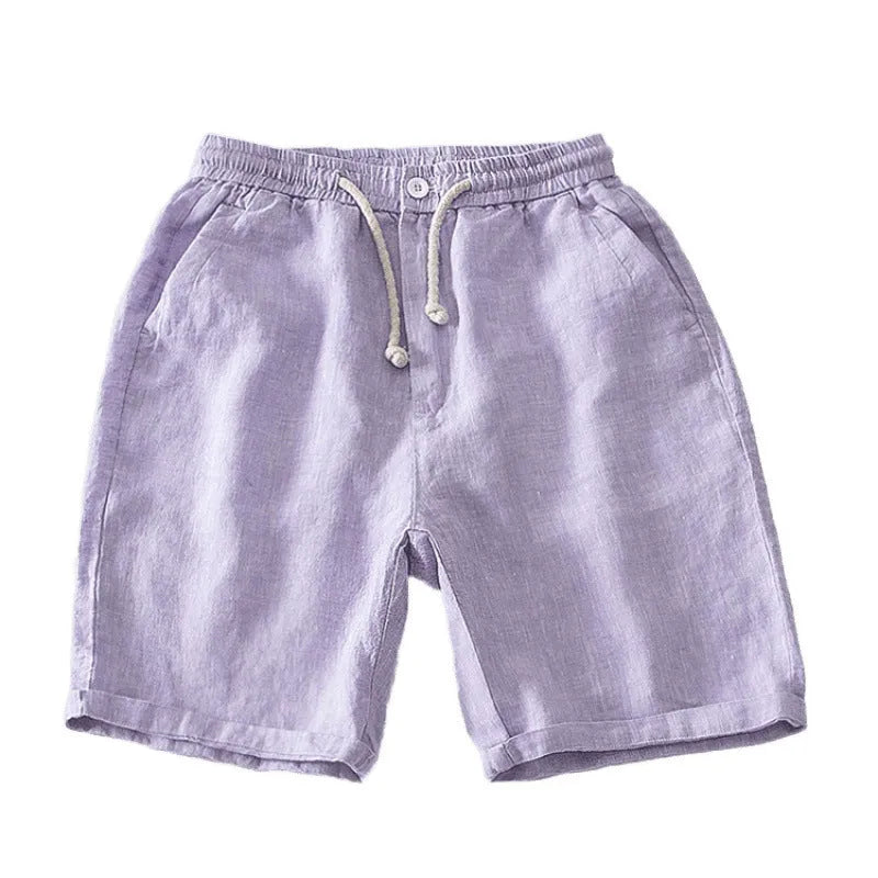 Men's high-waist loose tapered linen trousers in dark gray, front view, with relaxed fit and tapered leg