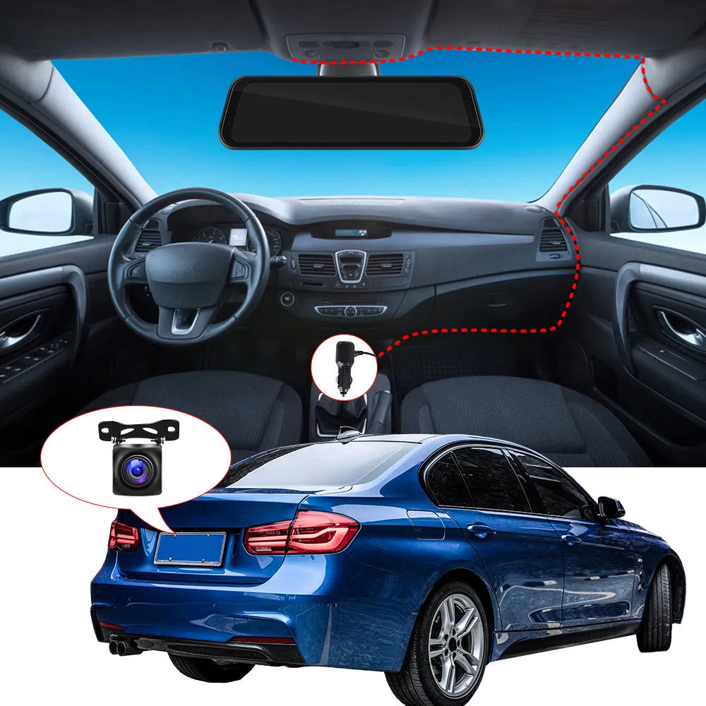 9.66-inch black wired dash cam rearview mirror recorder mounted on car windscreen with dual-camera display