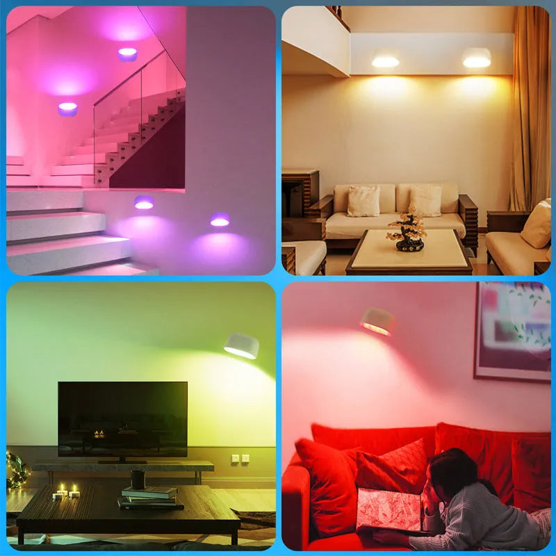 Modern remote-controlled magnetic wall lamp in white, showing adhesive mount and rotating head.