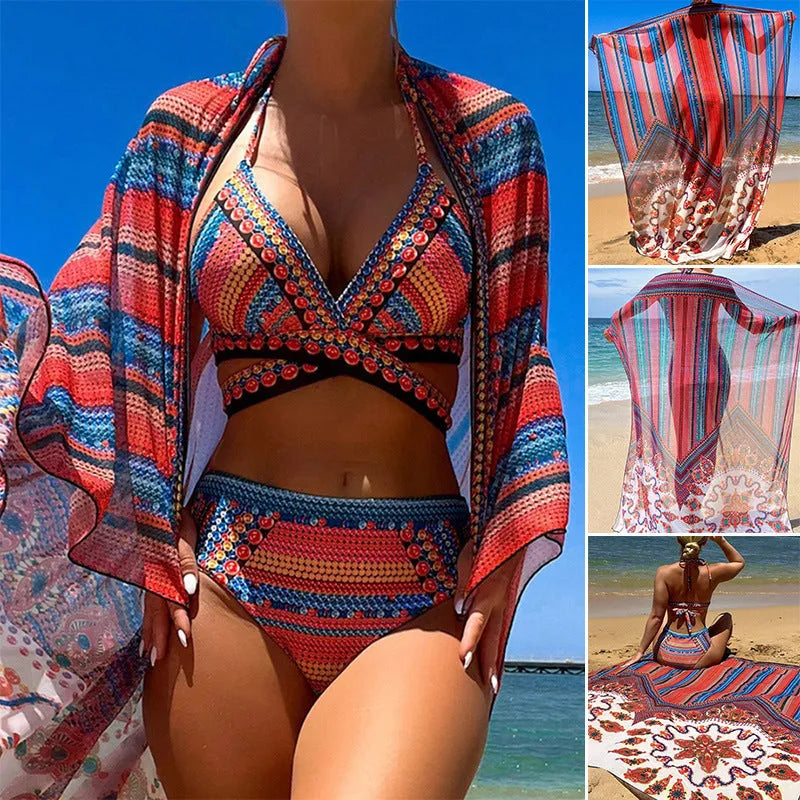 Women's three-piece split swimsuit set featuring a cutout blouse, high-waisted brief, and jacket.