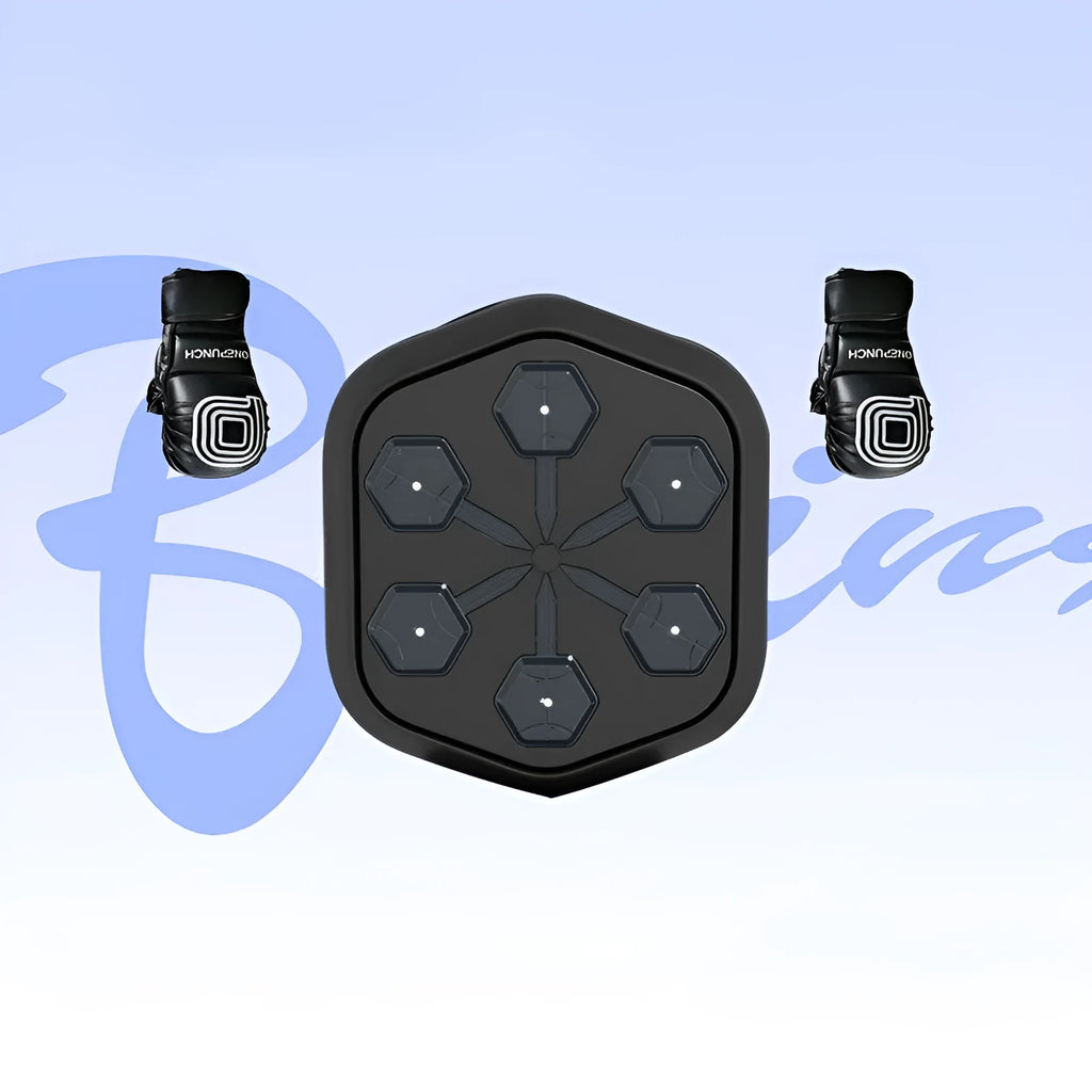 Black smart music boxing machine with Bluetooth connection and EVA construction on a gym floor