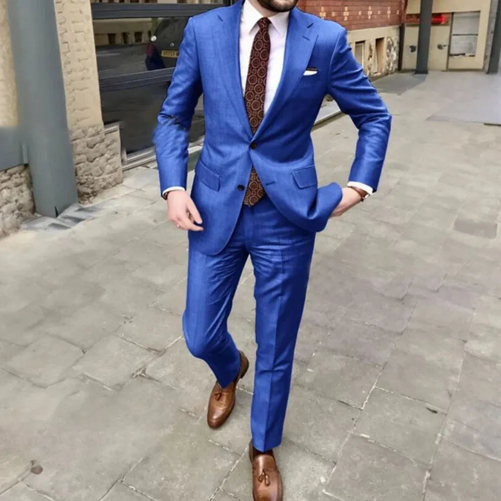 Men's slim fit two-button acetate business suit in light purple, showing jacket and trousers.