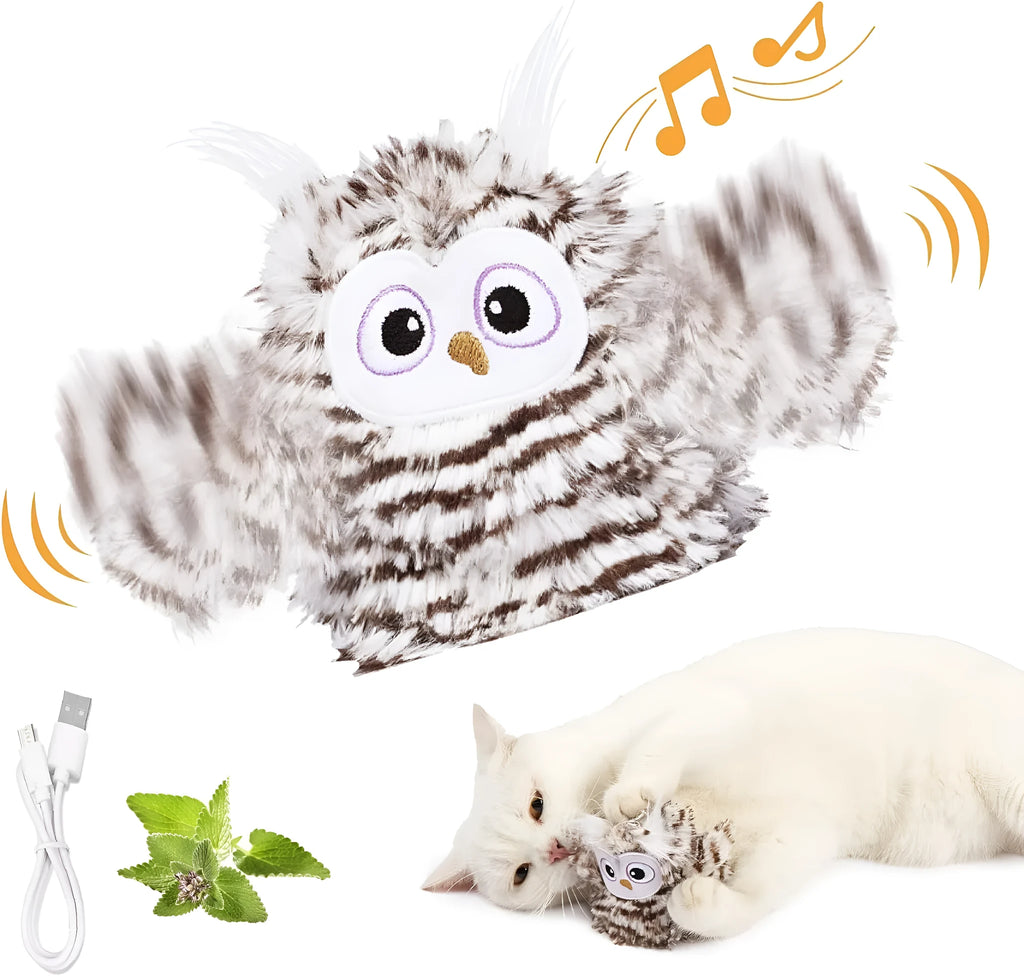 Grey automatic owl cat toy with flapping wings for indoor feline entertainment