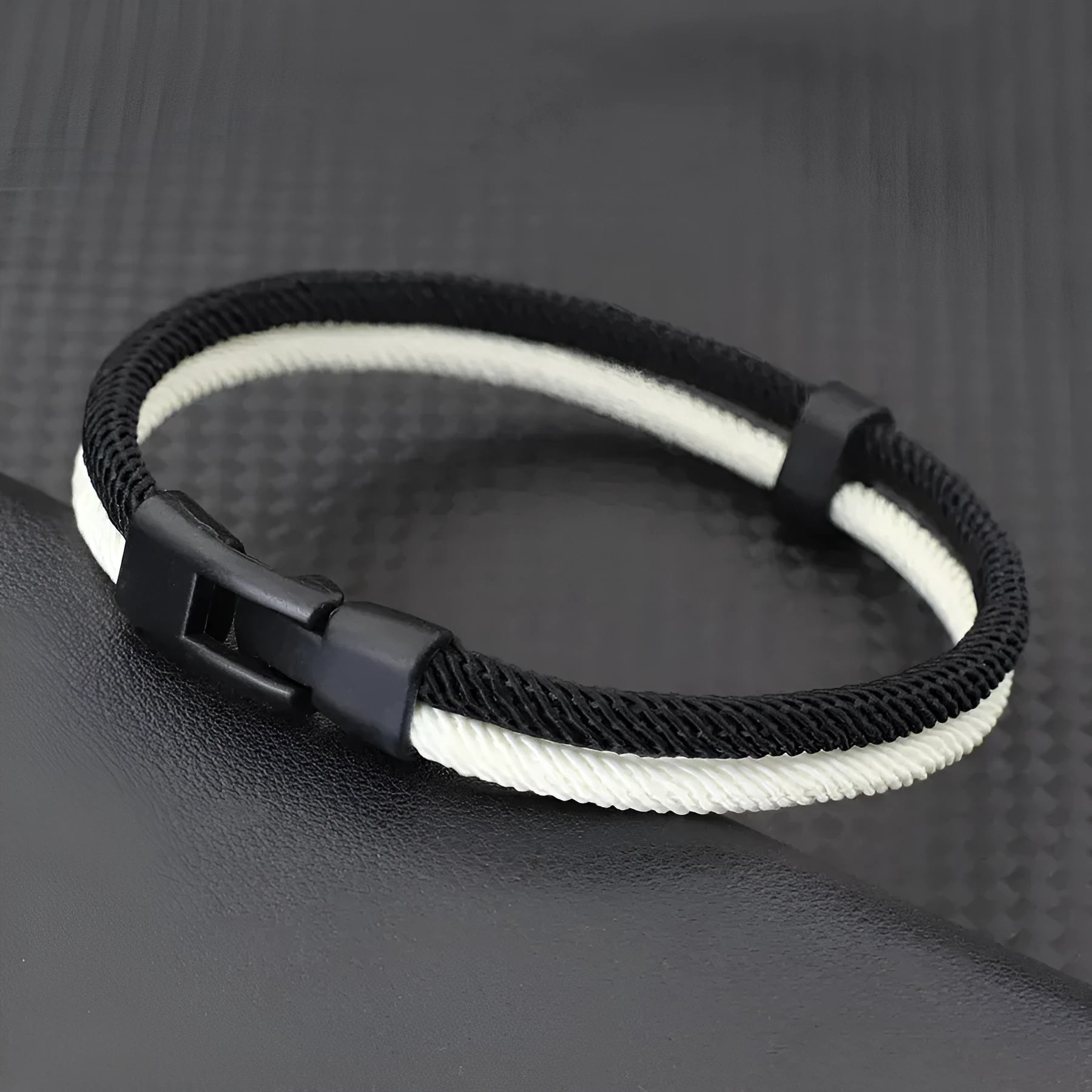 Black and white woven Milan rope alloy hand strap shown in 19cm, 21cm, and 23cm lengths.