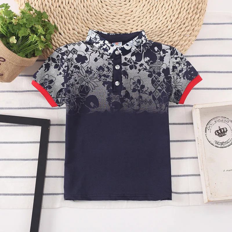 Boys' solid colour cotton short sleeve shirt with lapel collar on hanger.