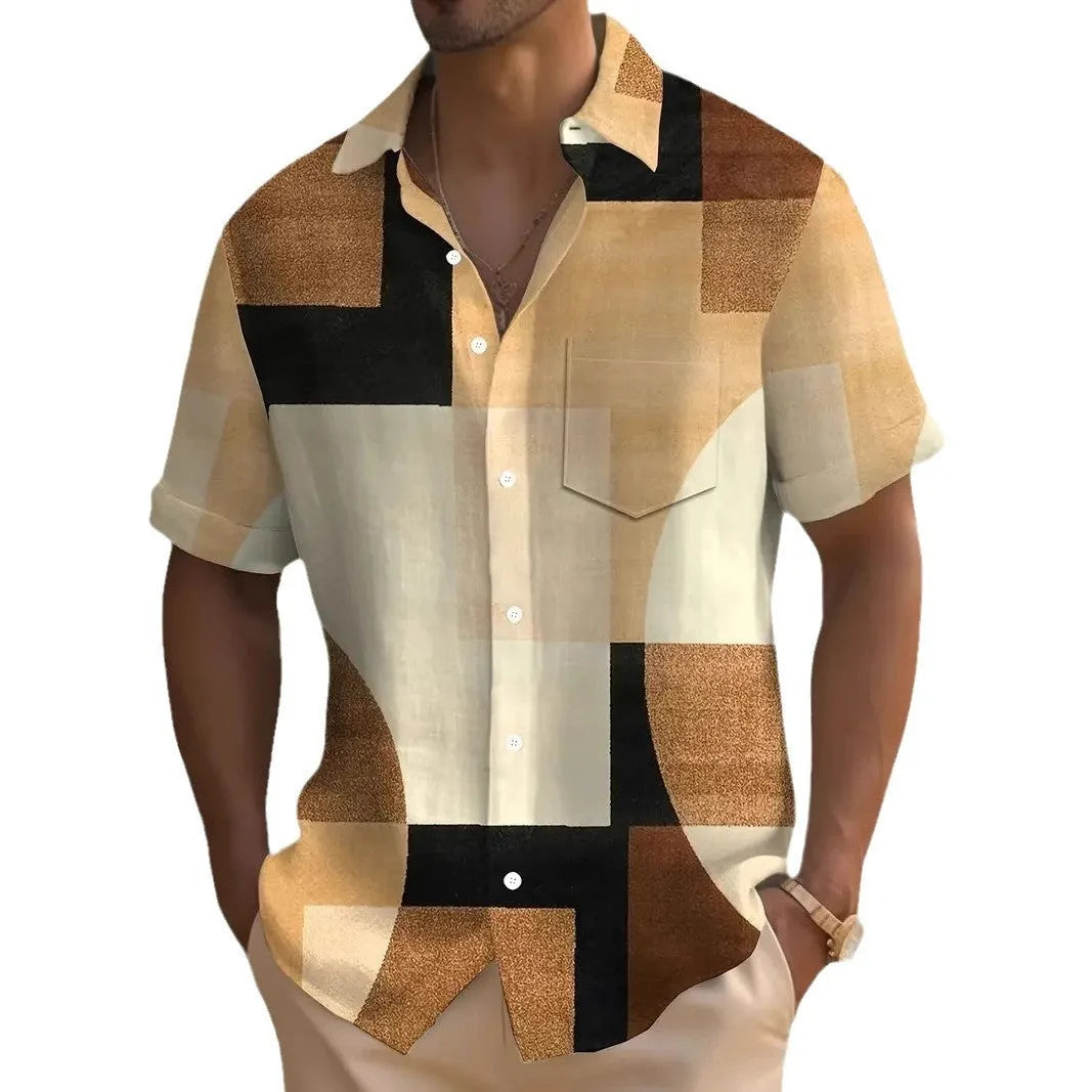 Man wearing a short sleeve cardigan with a blue and white retro geometric square print pattern.